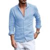 Mens Button Down Shirt Linen Cotton Shirts Casual Long Sleeve Spread Collar Lightweight Beach Plain Tops(01 Sky Blue)