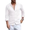 Mens Button Down Shirt Linen Cotton Shirts Casual Long Sleeve Spread Collar Lightweight Beach Plain Tops(01 White)