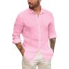 Mens Button Up Shirts Long Sleeve Linen Beach Casual Cotton Summer Lightweight Tops(1 Pink)