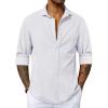 Mens Button Up Shirts Long Sleeve Linen Beach Casual Cotton Summer Lightweight Tops(2 White)