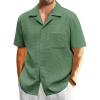 Mens Waffle Button Down Shirt Short Sleeve Loose Fit Cuban Summer Beach Plain Tops(Army Green)