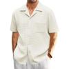 Mens Waffle Button Down Shirt Short Sleeve Loose Fit Cuban Summer Beach Plain Tops(Beige)