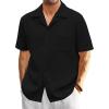 Mens Waffle Button Down Shirt Short Sleeve Loose Fit Cuban Summer Beach Plain Tops(Black)