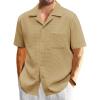 Mens Waffle Button Down Shirt Short Sleeve Loose Fit Cuban Summer Beach Plain Tops(Khaki)