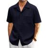 Mens Waffle Button Down Shirt Short Sleeve Loose Fit Cuban Summer Beach Plain Tops(Navy)