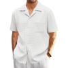 Mens Waffle Button Down Shirt Short Sleeve Loose Fit Cuban Summer Beach Plain Tops(White)