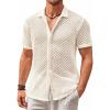 Runcati Mens Button Down Knit Shirt Short Sleeve Crochet Shirts Casual Hollow Out Summer Beach Vacation Tops(Beige)
