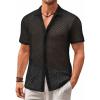 Runcati Mens Button Down Knit Shirt Short Sleeve Crochet Shirts Casual Hollow Out Summer Beach Vacation Tops(Black)
