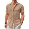 Runcati Mens Button Down Knit Shirt Short Sleeve Crochet Shirts Casual Hollow Out Summer Beach Vacation Tops(Brown)