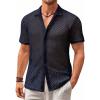 Runcati Mens Button Down Knit Shirt Short Sleeve Crochet Shirts Casual Hollow Out Summer Beach Vacation Tops(Navy)