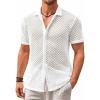 Runcati Mens Button Down Knit Shirt Short Sleeve Crochet Shirts Casual Hollow Out Summer Beach Vacation Tops(White)