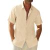 Runcati Mens Button Down Linen Shirts Short Sleeve Casual Collared Summer Beach Untucked Tops(Beige)