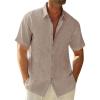 Runcati Mens Button Down Linen Shirts Short Sleeve Casual Collared Summer Beach Untucked Tops(Khaki)