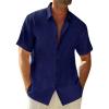 Runcati Mens Button Down Linen Shirts Short Sleeve Casual Collared Summer Beach Untucked Tops(Navy)