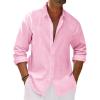 Runcati Mens Button Down Shirt Cotton Linen Casual Long Sleeve Shirts Collared Hippie Beach Tops(Pink)