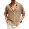 Runcati Mens Button Down Shirt Knit Crochet Hollow Out Short Sleeve Sweater Casual Summer Tops(Khaki)