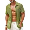 Runcati Mens Button Down Shirts Short Sleeve Hollow Out Knit Shirt Cuban Collar Casual Crochet Beach Summer Tops(Army Green)