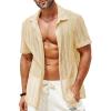 Runcati Mens Button Down Shirts Short Sleeve Hollow Out Knit Shirt Cuban Collar Casual Crochet Beach Summer Tops(Beige)