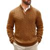 Runcati Mens Cable Knitted Pullover Sweater Casual Stand Collar Winter Warm Quarter Button Sweaters(Brown)