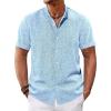 Runcati Mens Casual Button Down Shirts Short Sleeve Banded Collar Shirt Linen Beach Summer Hippie Tops(Sky Blue)