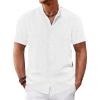 Runcati Mens Casual Button Down Shirts Short Sleeve Banded Collar Shirt Linen Beach Summer Hippie Tops(White)