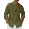 Runcati Mens Casual Linen Shirts 3/4 Sleeve Button Down Banded Collar Summer Beach Shirt(Army Green)