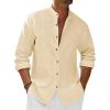 Runcati Mens Casual Linen Shirts 3/4 Sleeve Button Down Banded Collar Summer Beach Shirt(Beige)