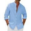 Runcati Mens Casual Linen Shirts 3/4 Sleeve Button Down Banded Collar Summer Beach Shirt(Blue)