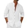 Runcati Mens Casual Linen Shirts 3/4 Sleeve Button Down Banded Collar Summer Beach Shirt(White)