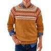 Runcati Mens Crew Neck Sweater Casual Fair Isle Knit Pullover Long Sleeve Fall Winter Chunky Sweaters(Brown)
