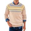 Runcati Mens Crew Neck Sweater Casual Fair Isle Knit Pullover Long Sleeve Fall Winter Chunky Sweaters(Khaki)