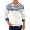 Runcati Mens Crew Neck Sweater Casual Fair Isle Knit Pullover Long Sleeve Fall Winter Chunky Sweaters(White)