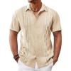 Runcati Mens Cuban Guayabera Shirts Short Sleeve Button Down Casual Summer Beach Wedding Embroidered Linen Tops(Beige)