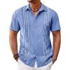 Runcati Mens Cuban Guayabera Shirts Short Sleeve Button Down Casual Summer Beach Wedding Embroidered Linen Tops(Light Blue)
