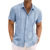 Runcati Mens Cuban Guayabera Shirts Short Sleeve Linen Casual Shirt Button Down Beach Summer Mexican Shirts(Blue)