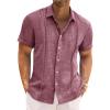 Runcati Mens Cuban Guayabera Shirts Short Sleeve Linen Casual Shirt Button Down Beach Summer Mexican Shirts(Fuchsia)
