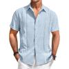 Runcati Mens Guayabera Shirts Short Sleeve Casual Cuban Linen Shirt Button Down Beach Summer Mexican Shirts(Light Blue)