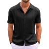 Runcati Mens Knit Button Down Shirt Casual Short Sleeve Cotton Polo Shirt Hollow Out Summer Beach Tops(Black)