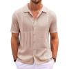Runcati Mens Knit Button Down Shirt Casual Short Sleeve Cotton Polo Shirt Hollow Out Summer Beach Tops(Khaki)