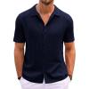 Runcati Mens Knit Button Down Shirt Casual Short Sleeve Cotton Polo Shirt Hollow Out Summer Beach Tops(Navy)
