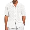 Runcati Mens Knit Button Down Shirts Casual Cuban Collar Short Sleeve Shirt Summer Beach Hollow Out Tops(White)