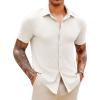 Runcati Mens Knit Button Down Shirts Short Sleeve Polo Shirt Vintage Summer Casual Beach Ribbed Textured Tops(Beige)