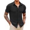Runcati Mens Knit Button Down Shirts Short Sleeve Polo Shirt Vintage Summer Casual Beach Ribbed Textured Tops(Black)