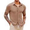 Runcati Mens Knit Button Down Shirts Short Sleeve Polo Shirt Vintage Summer Casual Beach Ribbed Textured Tops(Khaki)