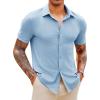 Runcati Mens Knit Button Down Shirts Short Sleeve Polo Shirt Vintage Summer Casual Beach Ribbed Textured Tops(Light Blue)