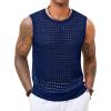 Runcati Mens Knit Sleeveless Tank Tops Casual Hollow Out T Shirts Beach Summer See Through Tops(Navy Blue)