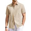 Runcati Mens Linen Shirt Guayabera Cuban Short Sleeve Button Down Summer Beach Hippie Shirts(Beige)