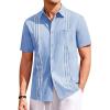 Runcati Mens Linen Shirt Guayabera Cuban Short Sleeve Button Down Summer Beach Hippie Shirts(Blue)