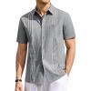 Runcati Mens Linen Shirt Guayabera Cuban Short Sleeve Button Down Summer Beach Hippie Shirts(Grey)