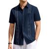 Runcati Mens Linen Shirt Guayabera Cuban Short Sleeve Button Down Summer Beach Hippie Shirts(Navy Blue)